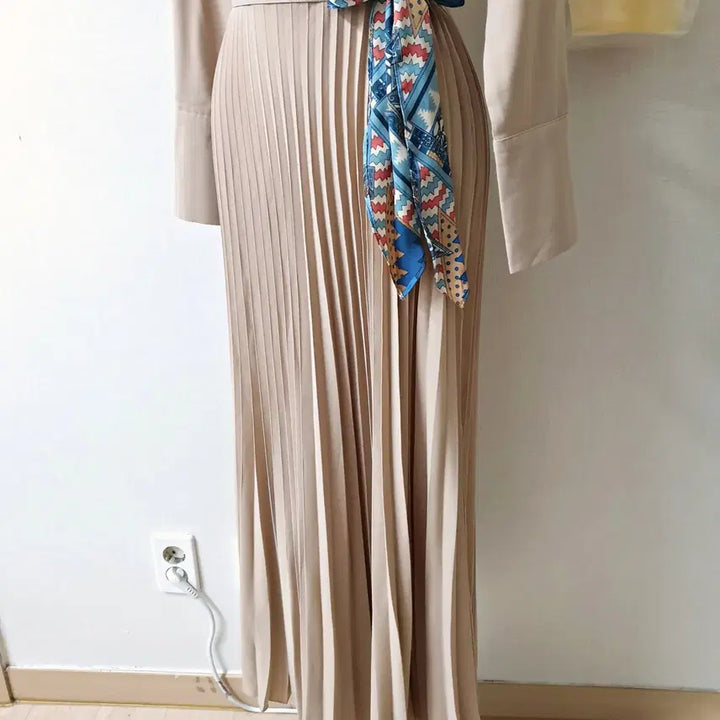 [BUNJANG] Pleated Maxi Long Dress Beige / 셔츠플리츠 맥시 롱원피스 55 66 베이지