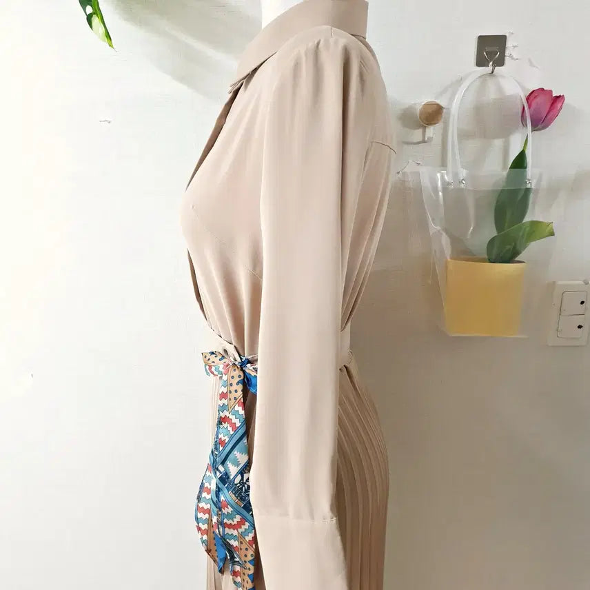 [BUNJANG] Pleated Maxi Long Dress Beige / 셔츠플리츠 맥시 롱원피스 55 66 베이지