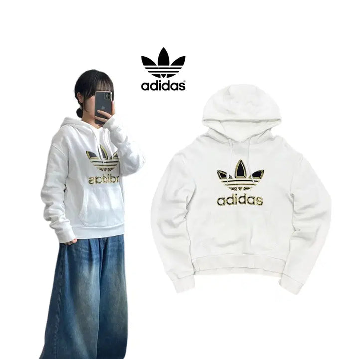 [BUNJANG] Adidas Metallic Big Logo Hoodie White / 아디다스 신형 메탈릭 빅로고 후드티 화이트