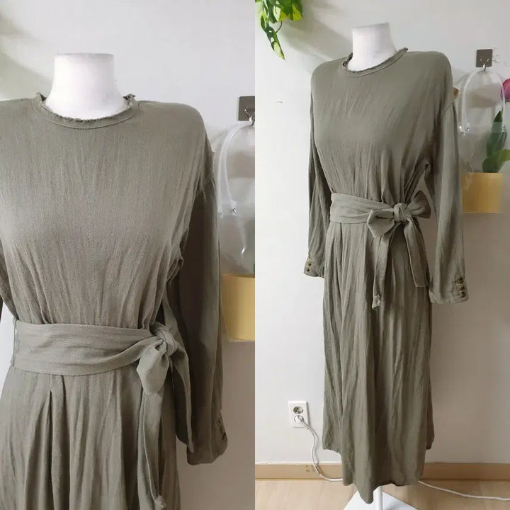 [BUNJANG] ZARA Linen Blend Belted Maxi Long Dress - Khaki / 자라 마혼방 벨트 맥시 롱원피스 M 카키