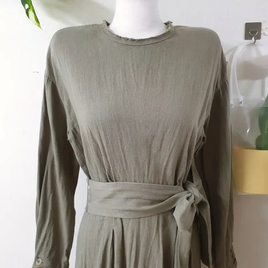 [BUNJANG] ZARA Linen Blend Belted Maxi Long Dress - Khaki / 자라 마혼방 벨트 맥시 롱원피스 M 카키