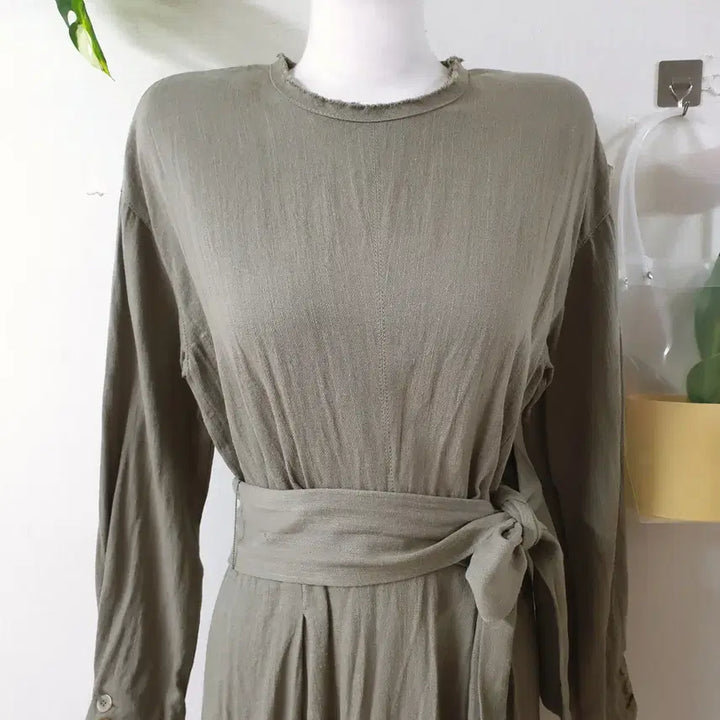 [BUNJANG] ZARA Linen Blend Belted Maxi Long Dress - Khaki / 자라 마혼방 벨트 맥시 롱원피스 M 카키