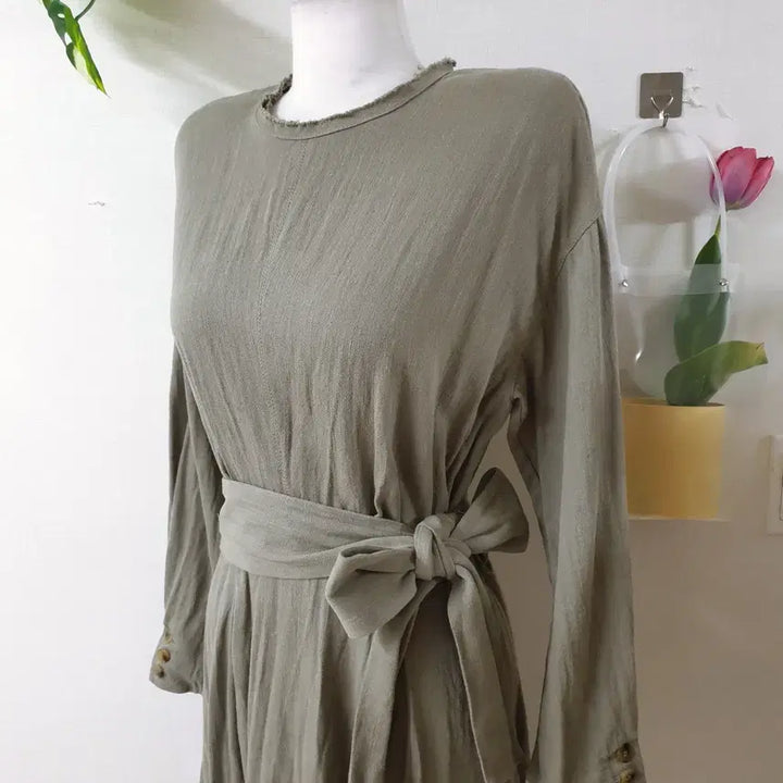 [BUNJANG] ZARA Linen Blend Belted Maxi Long Dress - Khaki / 자라 마혼방 벨트 맥시 롱원피스 M 카키