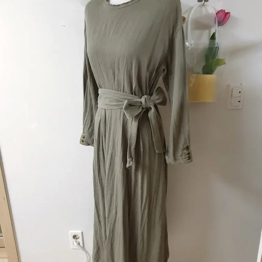 [BUNJANG] ZARA Linen Blend Belted Maxi Long Dress - Khaki / 자라 마혼방 벨트 맥시 롱원피스 M 카키