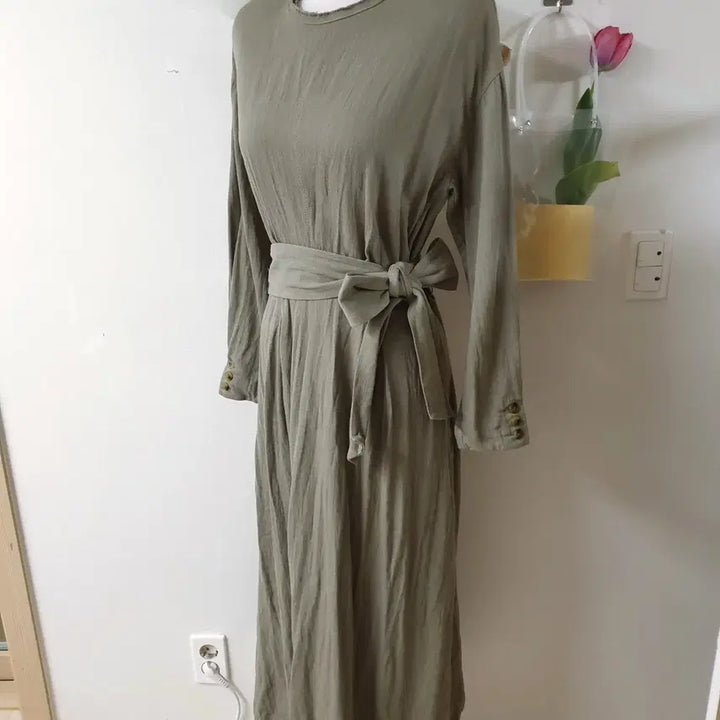 [BUNJANG] ZARA Linen Blend Belted Maxi Long Dress - Khaki / 자라 마혼방 벨트 맥시 롱원피스 M 카키