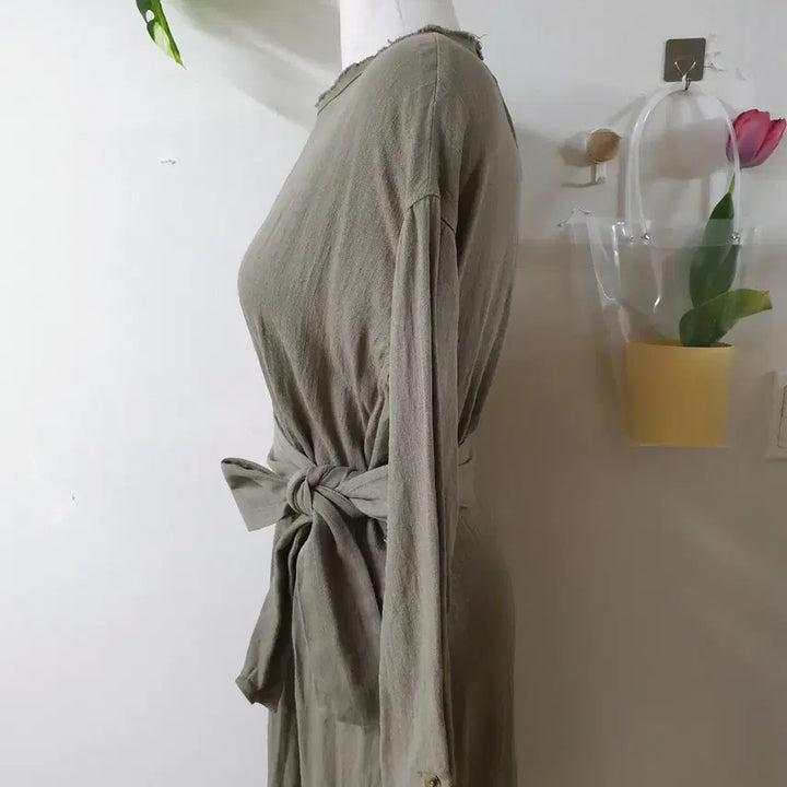 [BUNJANG] ZARA Linen Blend Belted Maxi Long Dress - Khaki / 자라 마혼방 벨트 맥시 롱원피스 M 카키