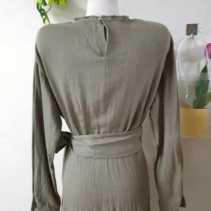 [BUNJANG] ZARA Linen Blend Belted Maxi Long Dress - Khaki / 자라 마혼방 벨트 맥시 롱원피스 M 카키