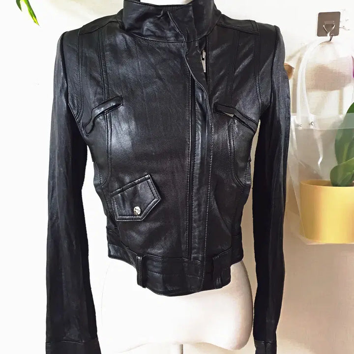 [BUNJANG] Enc Leather Crop Jacket (Size 66) - Black / Enc 양가죽 크롭자켓 66 블랙