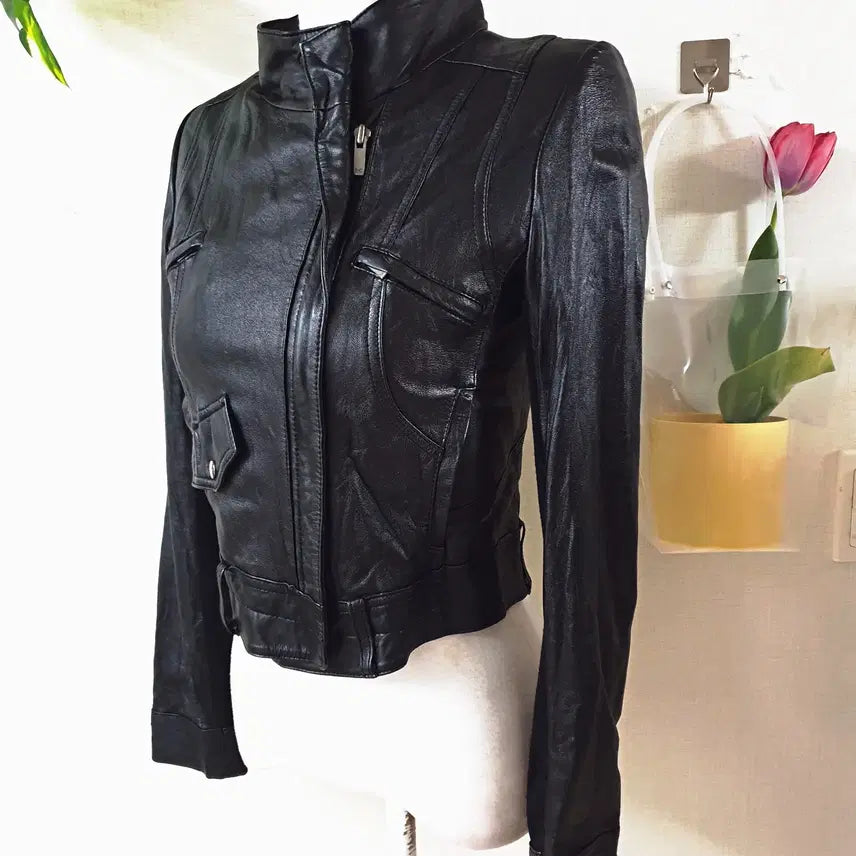 [BUNJANG] Enc Leather Crop Jacket (Size 66) - Black / Enc 양가죽 크롭자켓 66 블랙