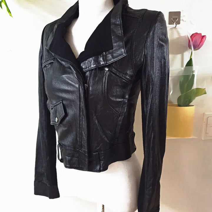 [BUNJANG] Enc Leather Crop Jacket (Size 66) - Black / Enc 양가죽 크롭자켓 66 블랙