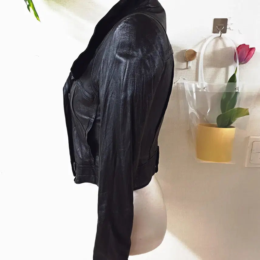 [BUNJANG] Enc Leather Crop Jacket (Size 66) - Black / Enc 양가죽 크롭자켓 66 블랙