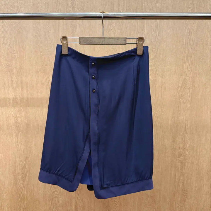 [BUNJANG] Lanvin Collection Midi Skirt Button Detail Asymmetric Slit Navy / 랑방 컬렉션 미디스커트 버튼 디테일 언발란스 슬릿 실키 네이비