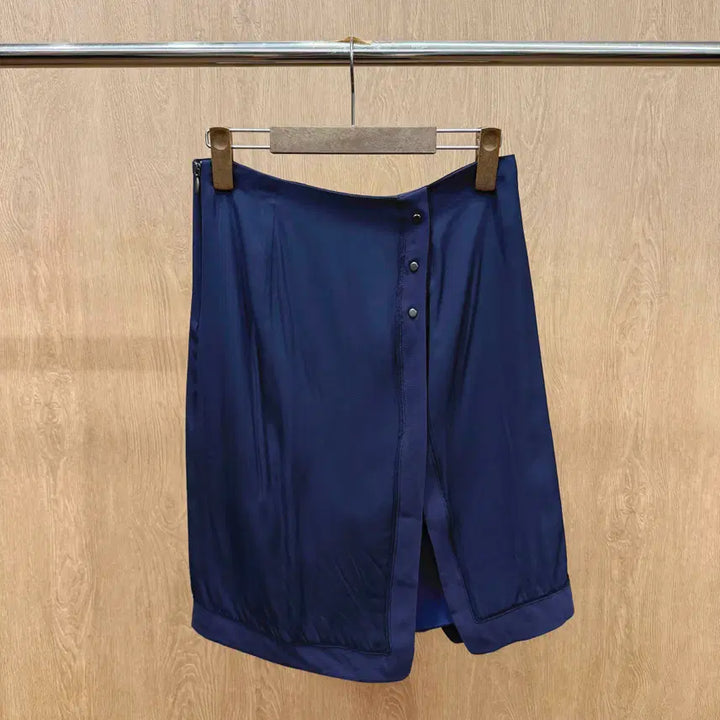 [BUNJANG] Lanvin Collection Midi Skirt Button Detail Asymmetric Slit Navy / 랑방 컬렉션 미디스커트 버튼 디테일 언발란스 슬릿 실키 네이비