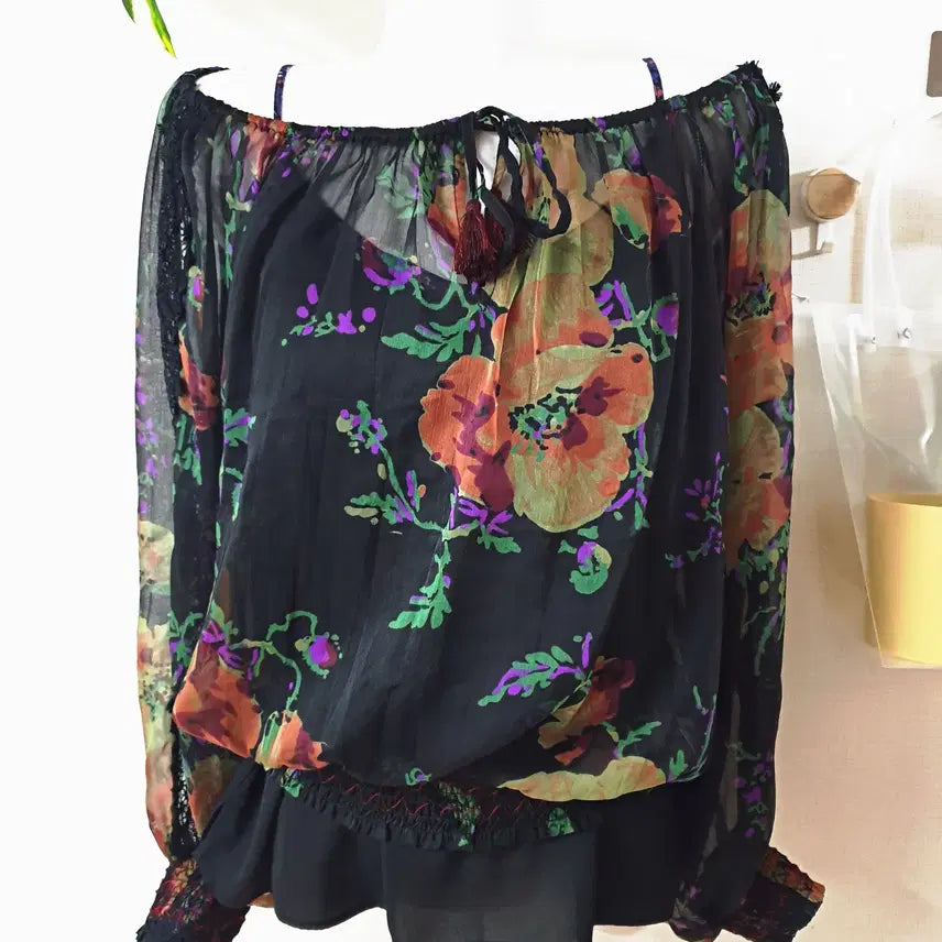 [BUNJANG] Ralph Lauren Floral Off-Shoulder Chiffon Blouse / 랄프로렌 정품 오프숄더 쉬폰 나시블라우스 44 55 블랙플라워