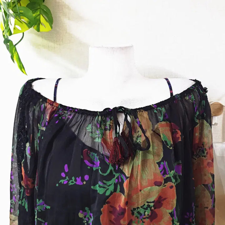 [BUNJANG] Ralph Lauren Floral Off-Shoulder Chiffon Blouse / 랄프로렌 정품 오프숄더 쉬폰 나시블라우스 44 55 블랙플라워