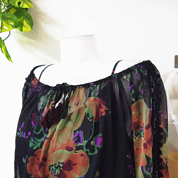 [BUNJANG] Ralph Lauren Floral Off-Shoulder Chiffon Blouse / 랄프로렌 정품 오프숄더 쉬폰 나시블라우스 44 55 블랙플라워