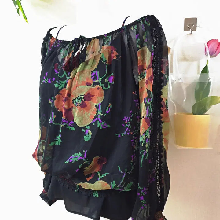 [BUNJANG] Ralph Lauren Floral Off-Shoulder Chiffon Blouse / 랄프로렌 정품 오프숄더 쉬폰 나시블라우스 44 55 블랙플라워