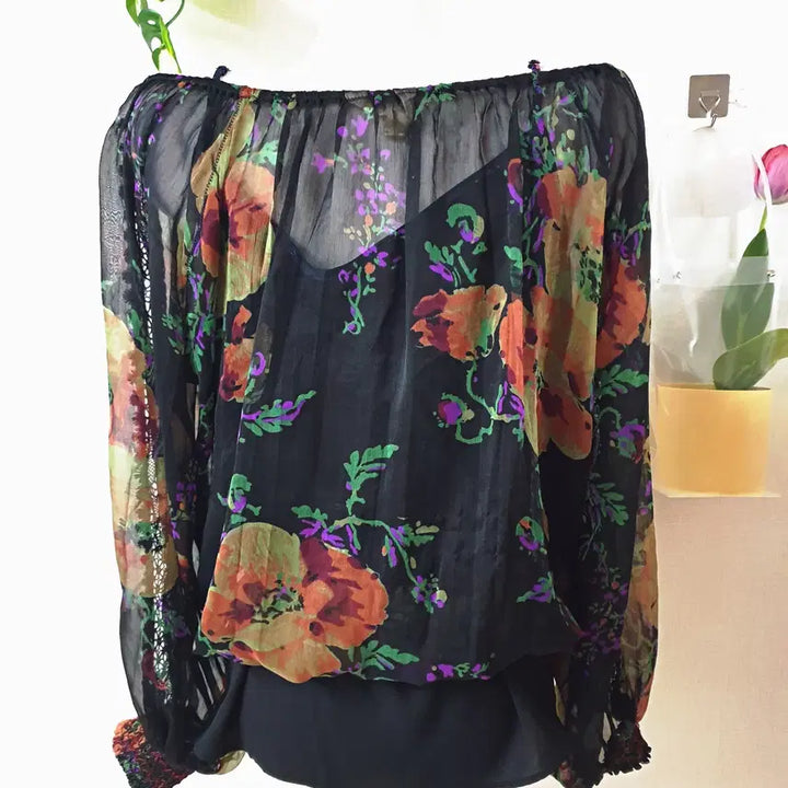 [BUNJANG] Ralph Lauren Floral Off-Shoulder Chiffon Blouse / 랄프로렌 정품 오프숄더 쉬폰 나시블라우스 44 55 블랙플라워