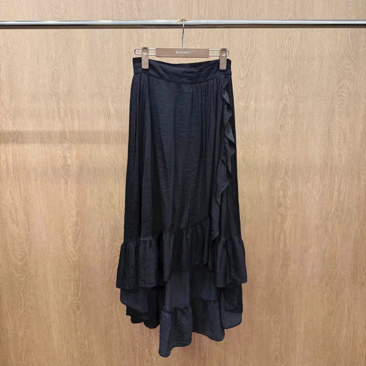 [BUNJANG] Maje Asymmetrical Wrap Long Skirt with Frill Detail - Black / 마쥬 언발란스 랩스타일 밴딩 롱 스커트 프릴 레이어드 디테일 블랙