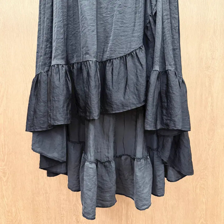 [BUNJANG] Maje Asymmetrical Wrap Long Skirt with Frill Detail - Black / 마쥬 언발란스 랩스타일 밴딩 롱 스커트 프릴 레이어드 디테일 블랙