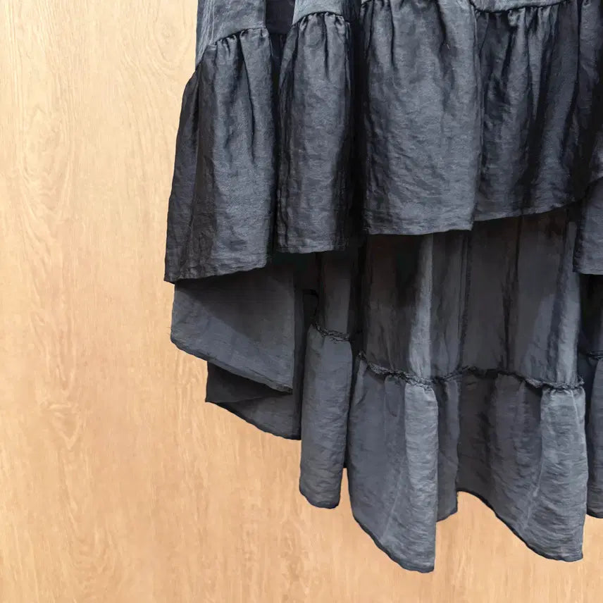 [BUNJANG] Maje Asymmetrical Wrap Long Skirt with Frill Detail - Black / 마쥬 언발란스 랩스타일 밴딩 롱 스커트 프릴 레이어드 디테일 블랙