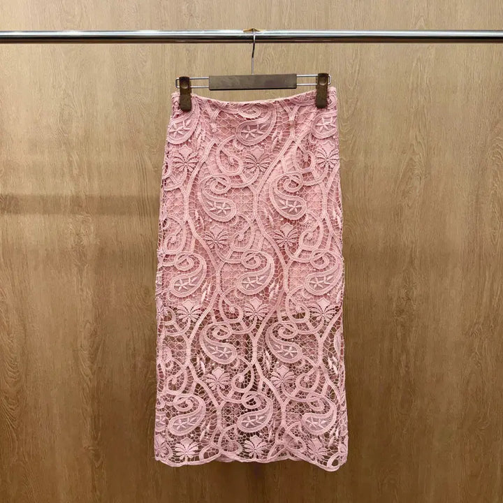 [BUNJANG] Sandro Floral Lace Midi Skirt / 산드로 플로럴 패턴 레이스 미디 스커트 시스루 디테일 슬림핏 핑크