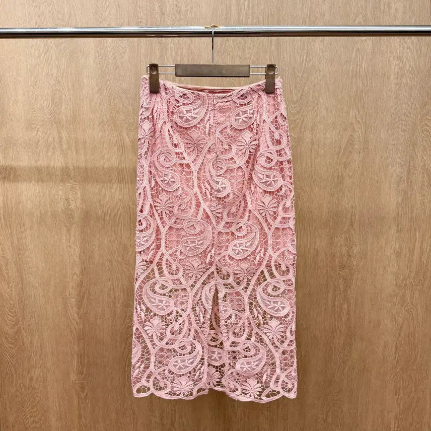 [BUNJANG] Sandro Floral Lace Midi Skirt / 산드로 플로럴 패턴 레이스 미디 스커트 시스루 디테일 슬림핏 핑크