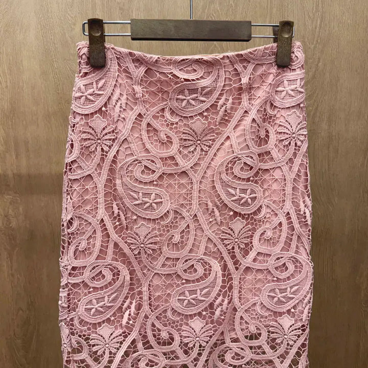 [BUNJANG] Sandro Floral Lace Midi Skirt / 산드로 플로럴 패턴 레이스 미디 스커트 시스루 디테일 슬림핏 핑크