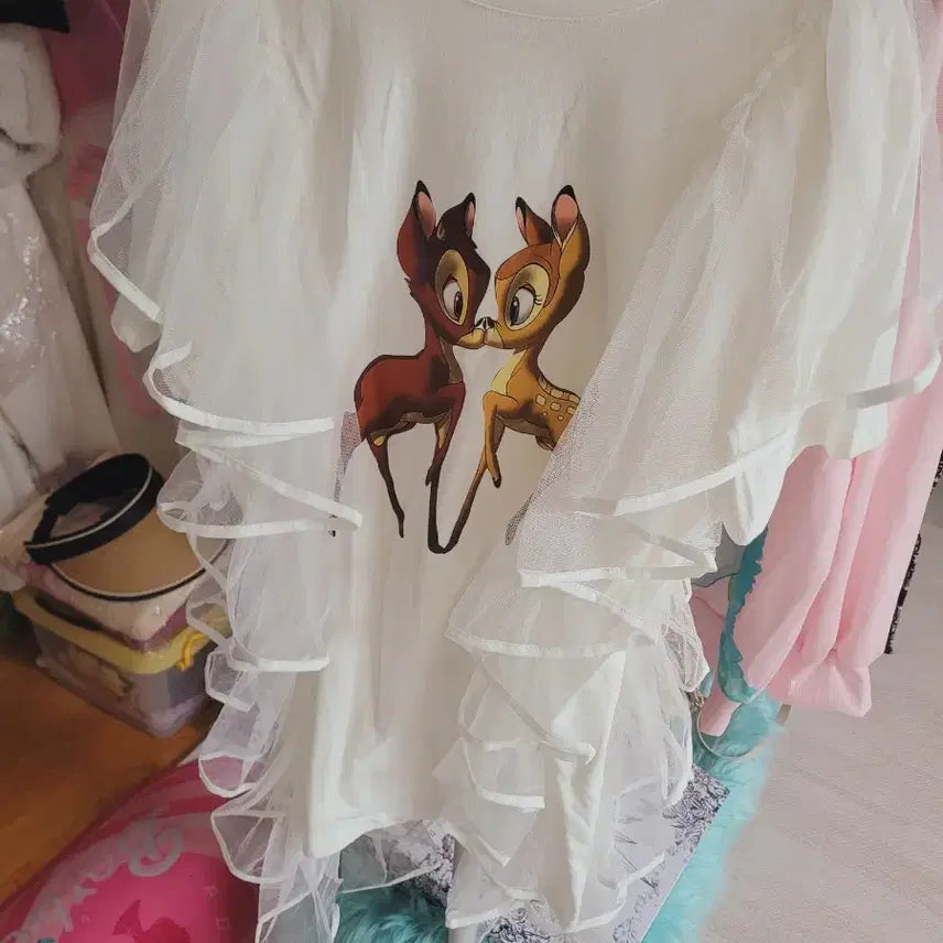 [BUNJANG] Bambi Layered Tulle Short Sleeve T-shirt / 밤비 프린팅 튜튜 레이어드 반팔 티셔츠