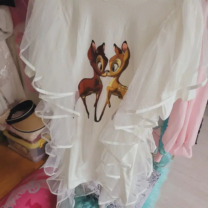 [BUNJANG] Bambi Layered Tulle Short Sleeve T-shirt / 밤비 프린팅 튜튜 레이어드 반팔 티셔츠