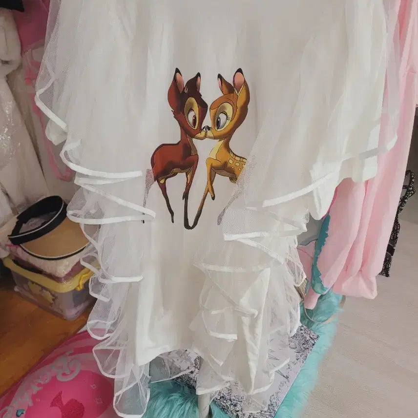 [BUNJANG] Bambi Layered Tulle Short Sleeve T-shirt / 밤비 프린팅 튜튜 레이어드 반팔 티셔츠