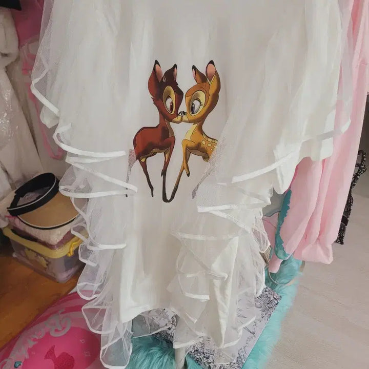 [BUNJANG] Bambi Layered Tulle Short Sleeve T-shirt / 밤비 프린팅 튜튜 레이어드 반팔 티셔츠