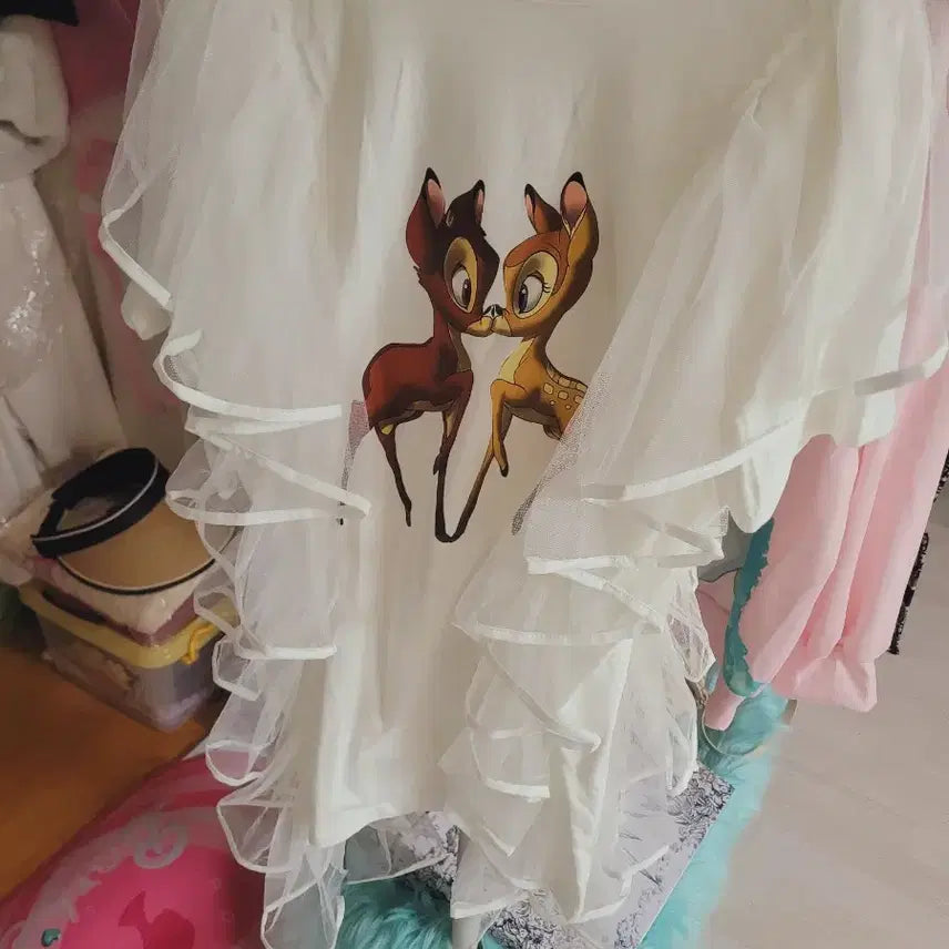 [BUNJANG] Bambi Layered Tulle Short Sleeve T-shirt / 밤비 프린팅 튜튜 레이어드 반팔 티셔츠