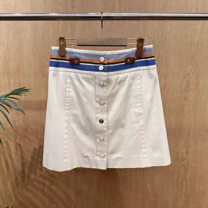 [BUNJANG] Gucci A-line Mini Skirt with Web Stripe Detail / 구찌 버튼 A라인 미니 스커트 웹 스트라이프 디테일 아이보리