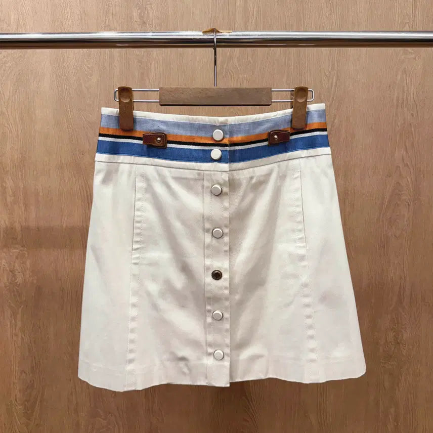 [BUNJANG] Gucci A-line Mini Skirt with Web Stripe Detail / 구찌 버튼 A라인 미니 스커트 웹 스트라이프 디테일 아이보리