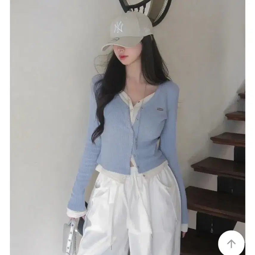 [BUNJANG] Hallyeohats Layered Ribbed Snap Cardigan - Sky Blue / 홀리 하츠 레이어드 골지 스냅 가디건 소라