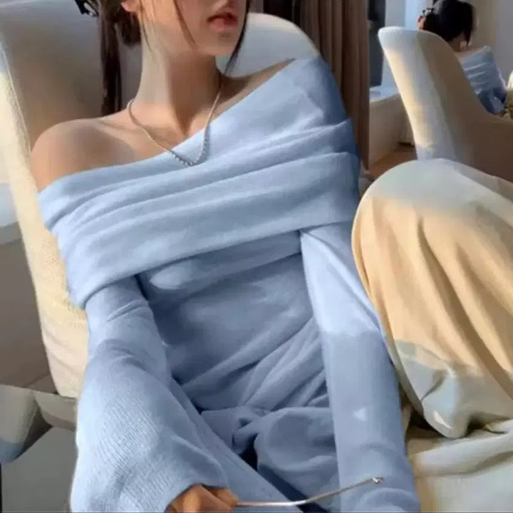 [BUNJANG] Off-Shoulder Long Sleeve Knit Top - Sky Blue / 오프숄더 긴팔 니트 하늘색