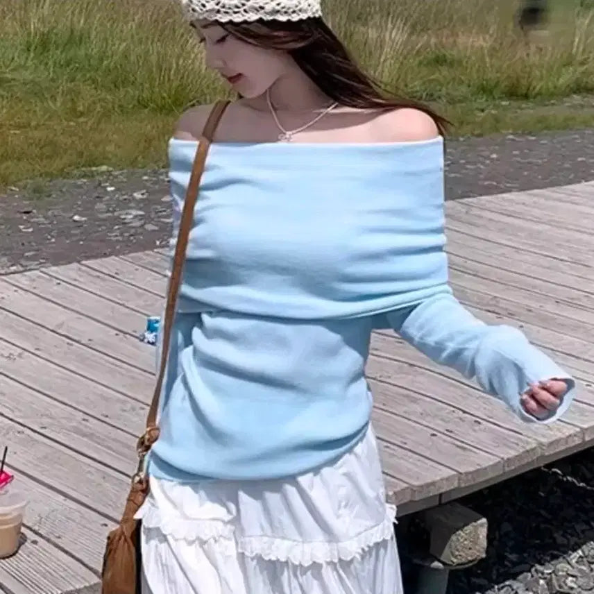 [BUNJANG] Off-Shoulder Long Sleeve Knit Top - Sky Blue / 오프숄더 긴팔 니트 하늘색