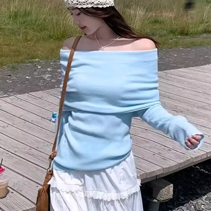 [BUNJANG] Off-Shoulder Long Sleeve Knit Top - Sky Blue / 오프숄더 긴팔 니트 하늘색