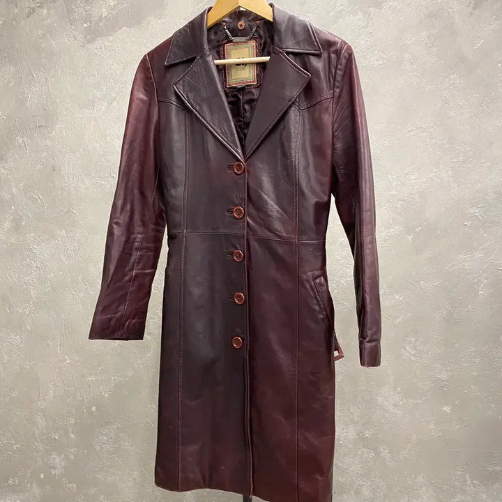 [BUNJANG] SI Vintage Burgundy Belted Leather Coat / [90] SI, 빈티지 양가죽 버건디 벨티드 레더 코트