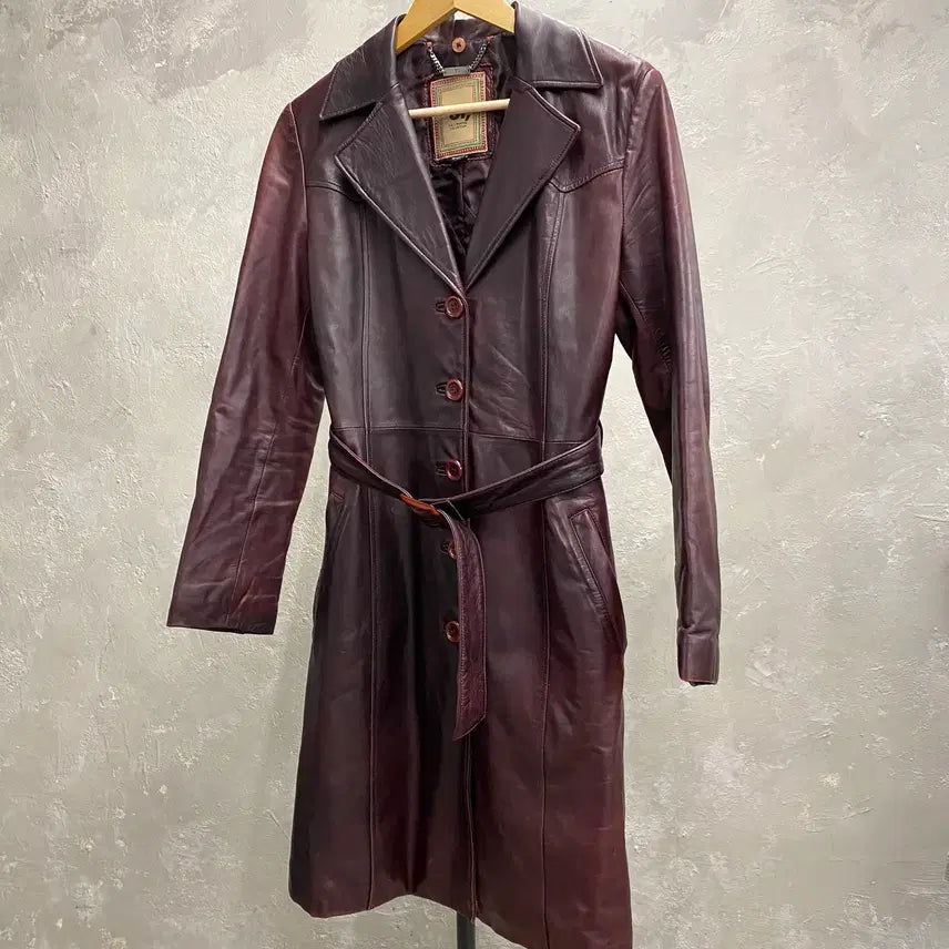 [BUNJANG] SI Vintage Burgundy Belted Leather Coat / [90] SI, 빈티지 양가죽 버건디 벨티드 레더 코트