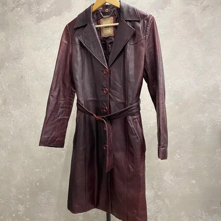 [BUNJANG] SI Vintage Burgundy Belted Leather Coat / [90] SI, 빈티지 양가죽 버건디 벨티드 레더 코트