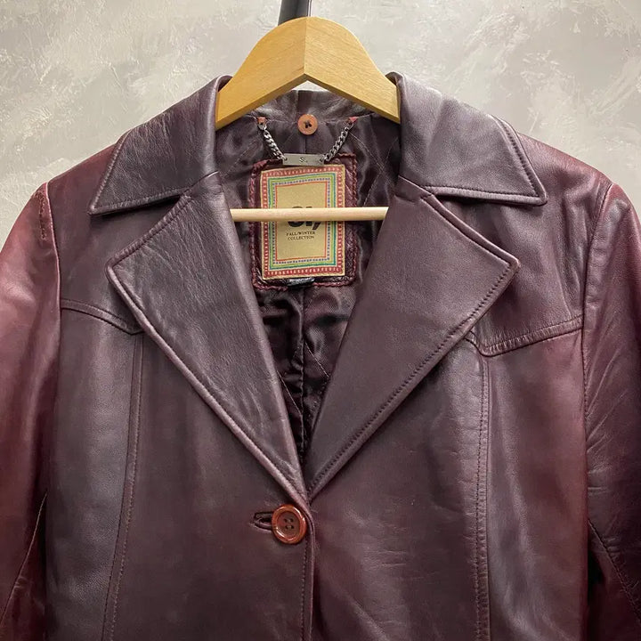 [BUNJANG] SI Vintage Burgundy Belted Leather Coat / [90] SI, 빈티지 양가죽 버건디 벨티드 레더 코트