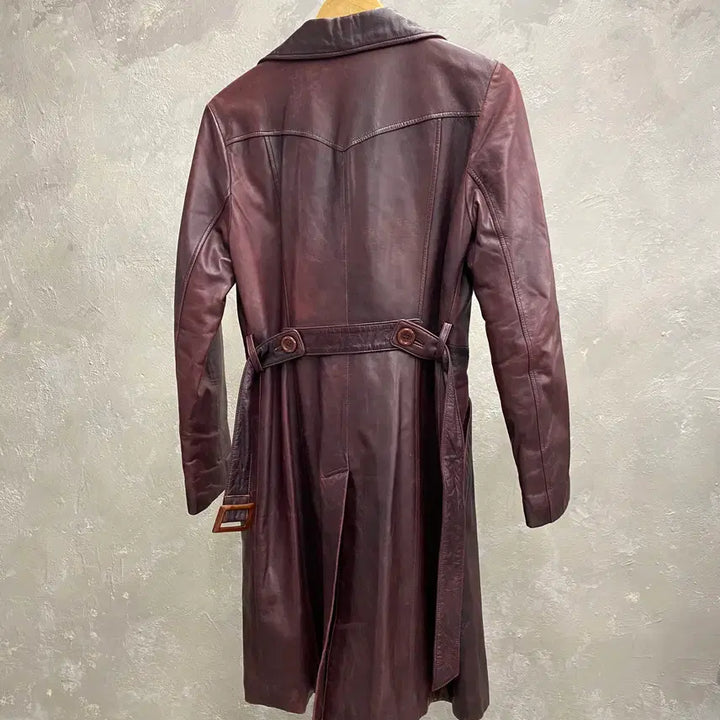 [BUNJANG] SI Vintage Burgundy Belted Leather Coat / [90] SI, 빈티지 양가죽 버건디 벨티드 레더 코트