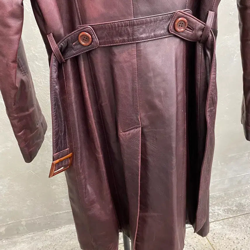 [BUNJANG] SI Vintage Burgundy Belted Leather Coat / [90] SI, 빈티지 양가죽 버건디 벨티드 레더 코트