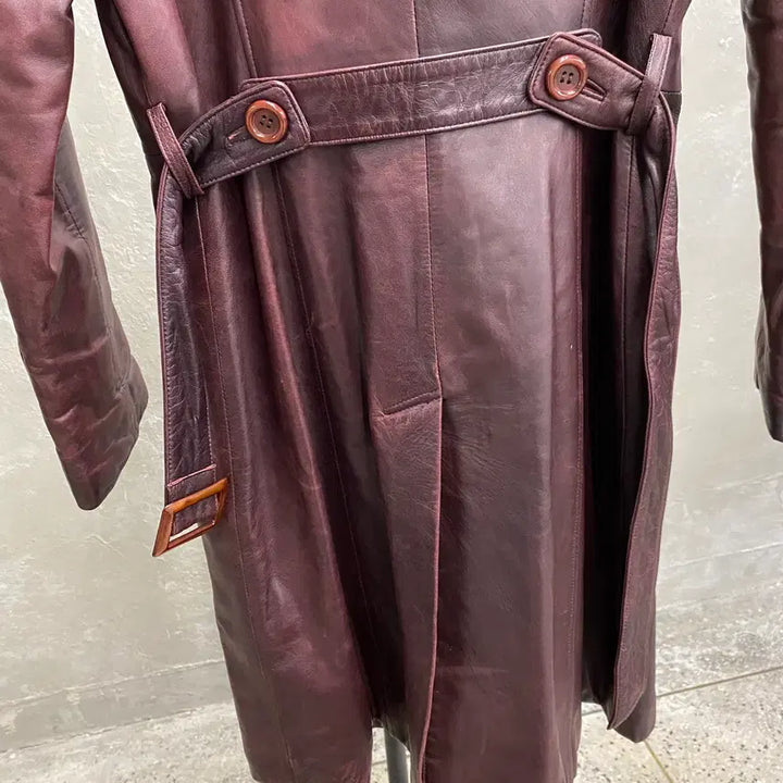 [BUNJANG] SI Vintage Burgundy Belted Leather Coat / [90] SI, 빈티지 양가죽 버건디 벨티드 레더 코트