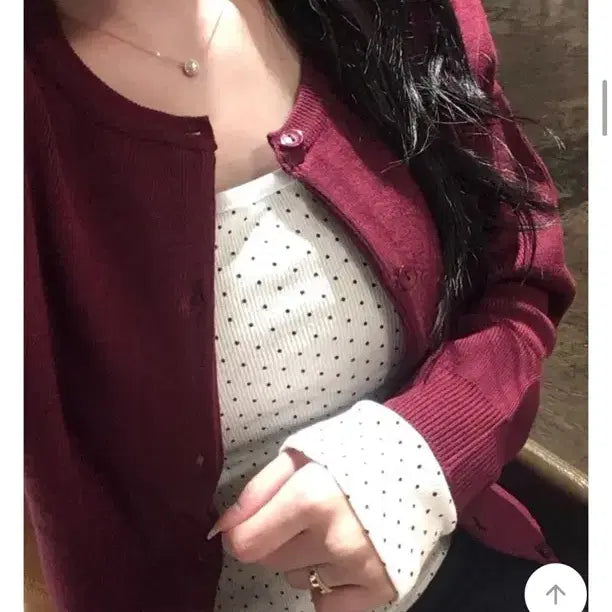 [BUNJANG] Burgundy Round Neck Cardigan &amp; Dot Fitted T-shirt Set / 버건디 라운드넥 가디건 + 도트 딱붙티