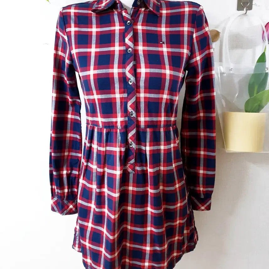 [BUNJANG] Tommy Hilfiger Check Collar Shirt Dress XS / 타미힐피거 셔츠원피스 44 55 체크카라 네이비레드 XS