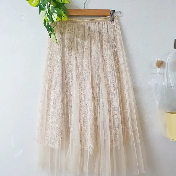 [BUNJANG] Pink Ivory Tulle Skirt / 레이스안감 튤스커트 롱치마 밴딩 핑크빛아이보리