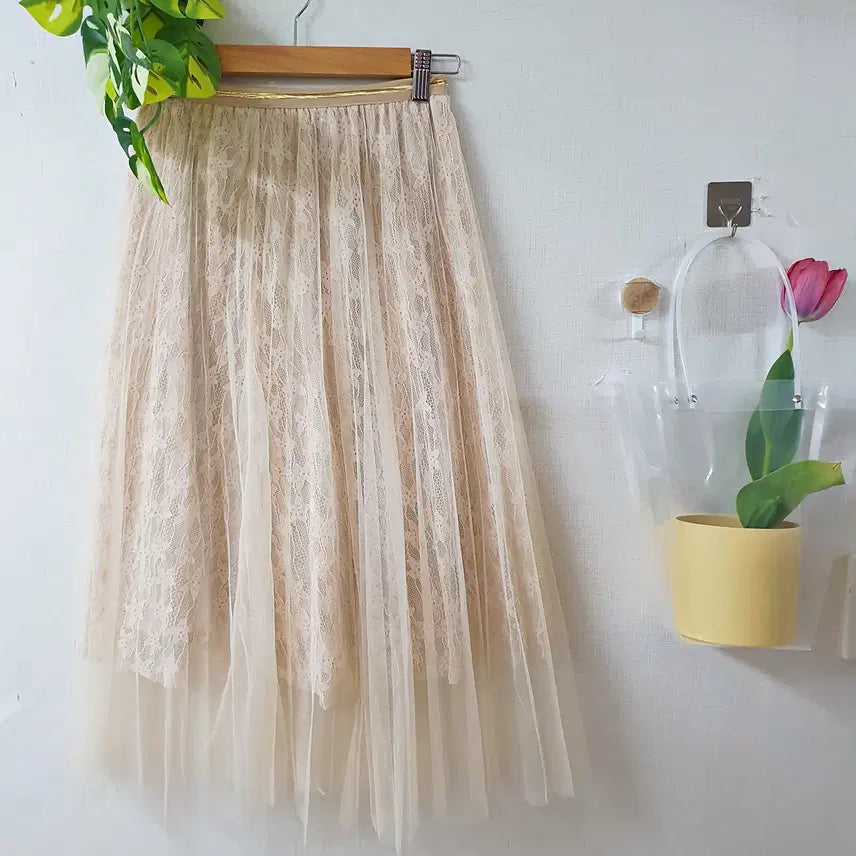 [BUNJANG] Pink Ivory Tulle Skirt / 레이스안감 튤스커트 롱치마 밴딩 핑크빛아이보리